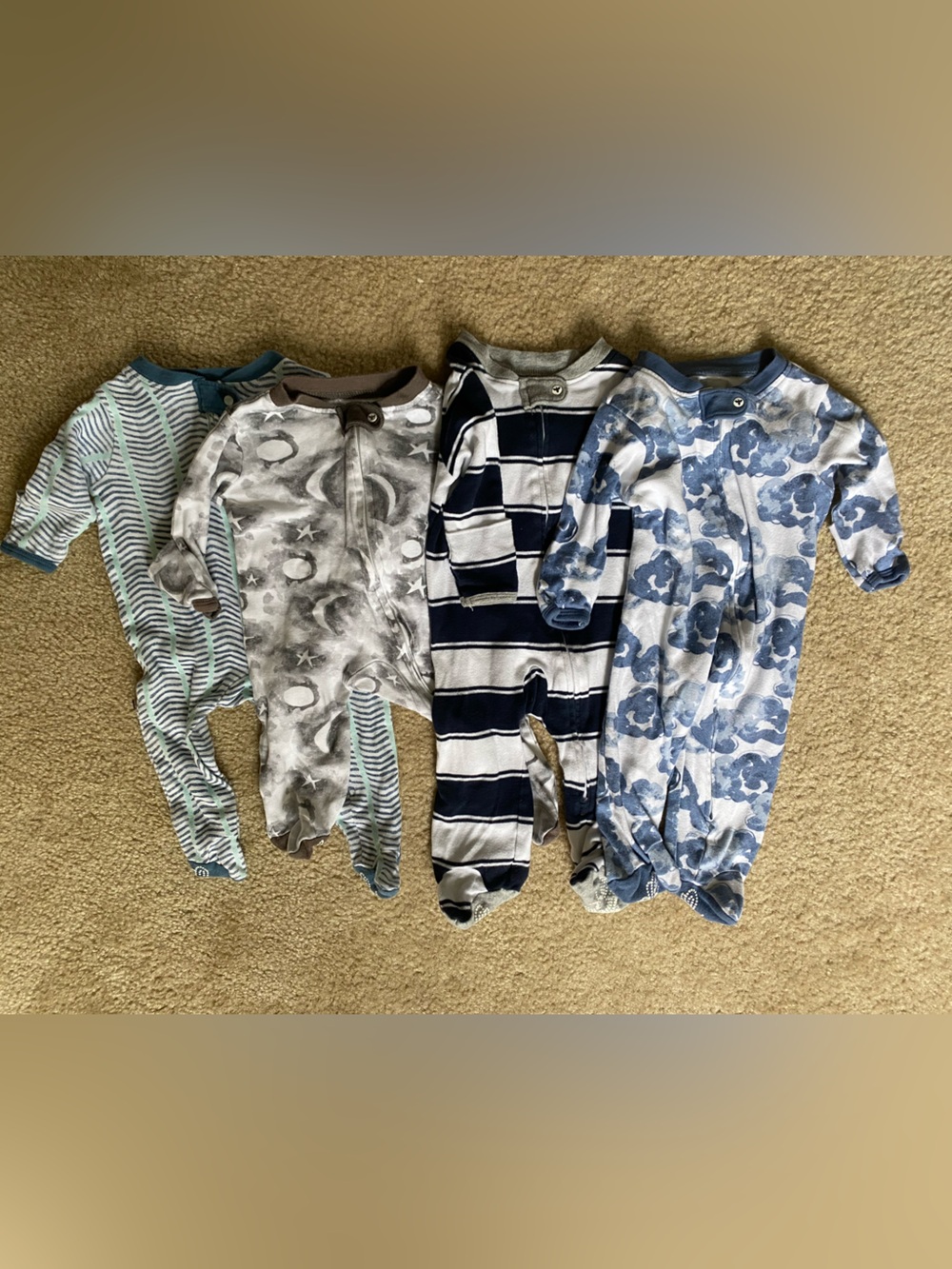 0-3 Month Burt's Bees Baby Blue, Navy and Gray Footed Romper Bundle